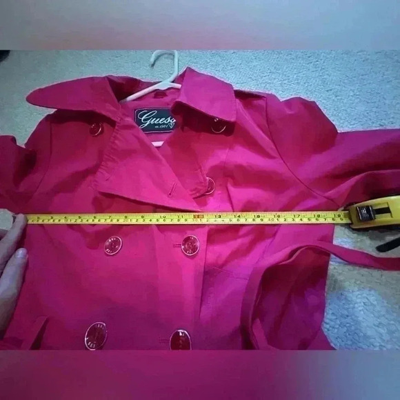 Guess trench coat. bright pink. Button up and tie waist. Size Medium. GUC! - Picture 15 of 15